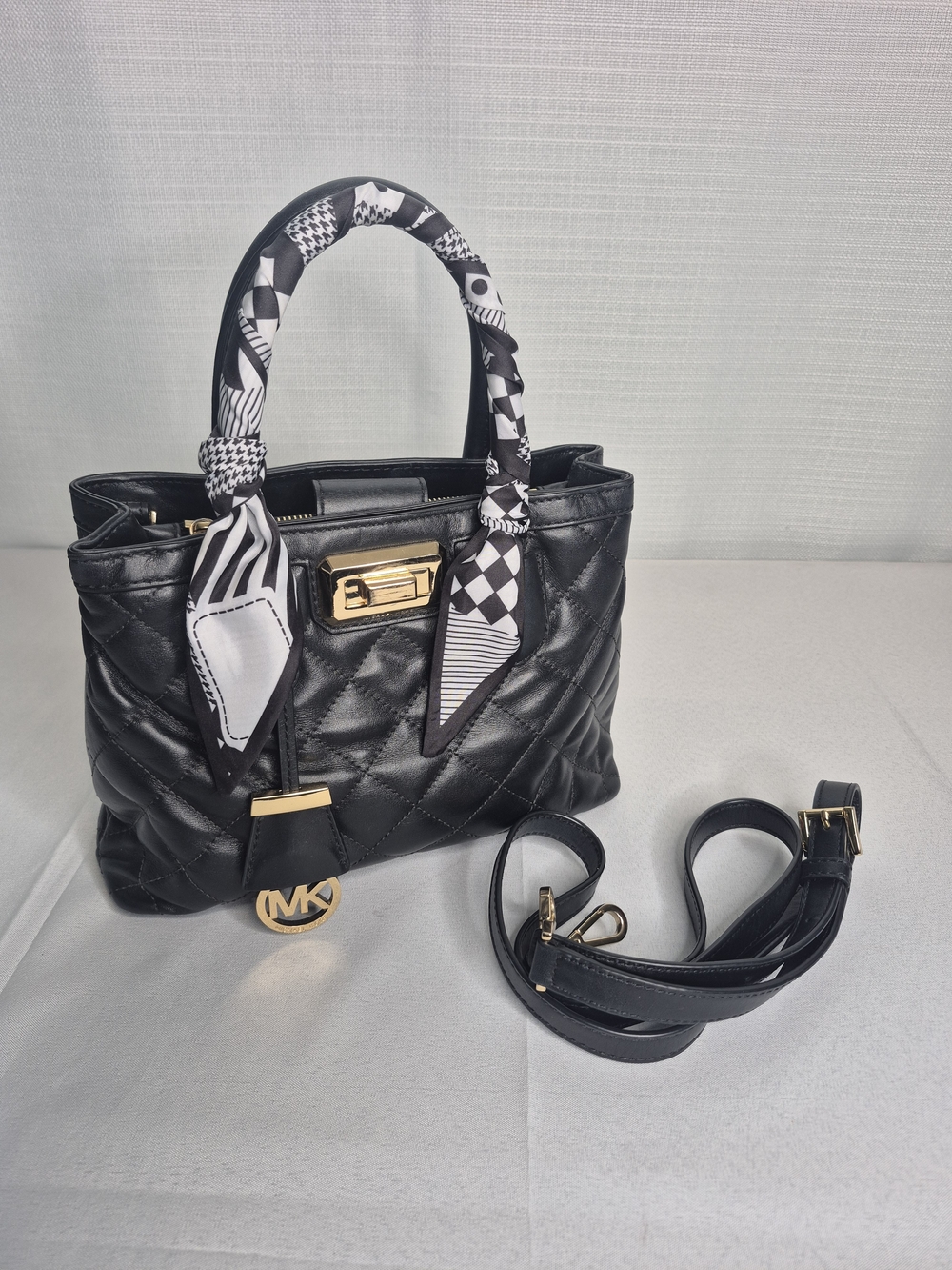 Michael Kors Black Quilted Top-Handle Bag with Printed Scarf - Picture 6 of 17